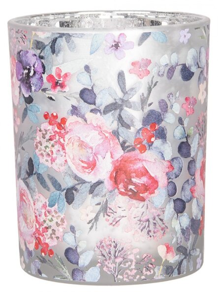 Sada 2 šedé skleněné svícny růžovo-fialové květy – 10x21 cm