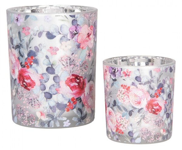 Sada 2 šedé skleněné svícny růžovo-fialové květy – 10x21 cm