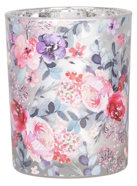 Sada 2 šedé skleněné svícny růžovo-fialové květy – 10x21 cm