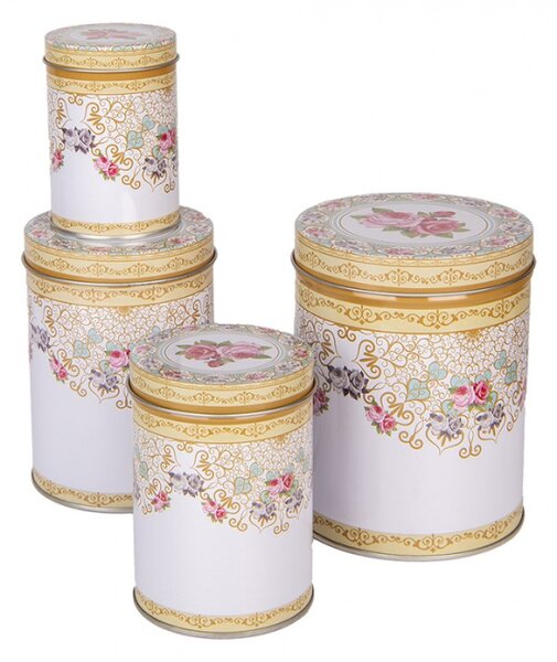Sada 4 žluto-bílé kovové krabičky s ornamenty a květy – 11 / 9 / 8 / 6 cm