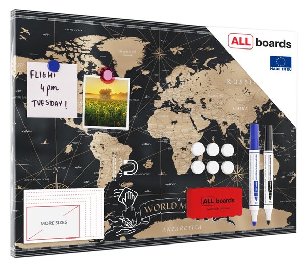 Allboards magnetická bezrámová kovová tabule s potiskem 60 x 40 cm - mapa světa,MB64_00026