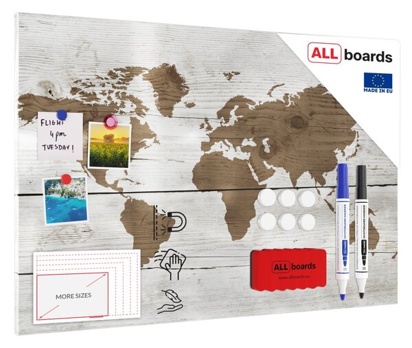 ALLboards METAL MB96_00103 Magnetická kovová tabule mapa světa ve světlých barvách 90x60 cm