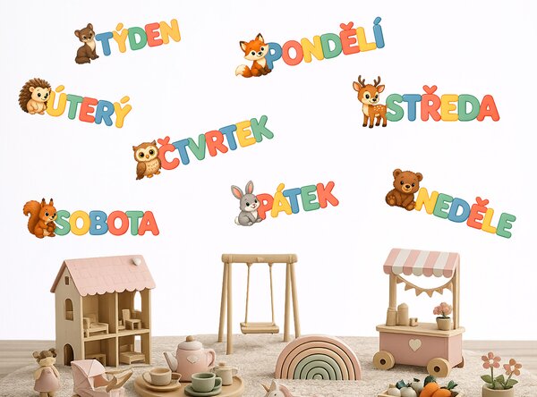 Dny v týdnu se zvířátky samolepky na zeď pro školky arch 45 x 27 cm