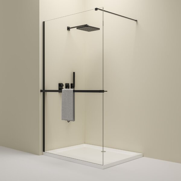Erga Paris, sprchová zástěna Walk-In 70x200 cm s poličkou a ramínkem na ručníky, 8mm čiré sklo, černý profil, ERG-V02-PARIS-070x200-CL-BK-BAR