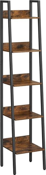 Úzká knihovna, 5 polic, 170 cm, rustikální hnědá/černá