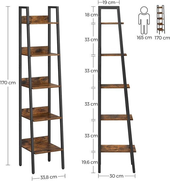 Úzká knihovna, 5 polic, 170 cm, rustikální hnědá/černá