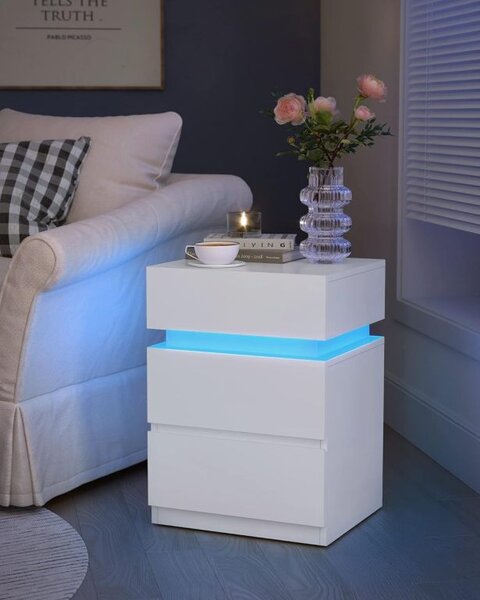 Noční stolek s LED osvětlením, 3 zásuvky, bílý
