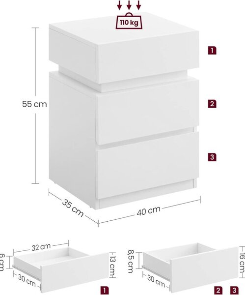 Noční stolek s LED osvětlením, 3 zásuvky, bílý