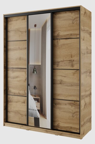 Šatní skříň NEJBY BARNABA 150 cm s posuvnými dveřmi, zrcadlem,4 šuplíky a 2 šatními tyčemi,dub wotan