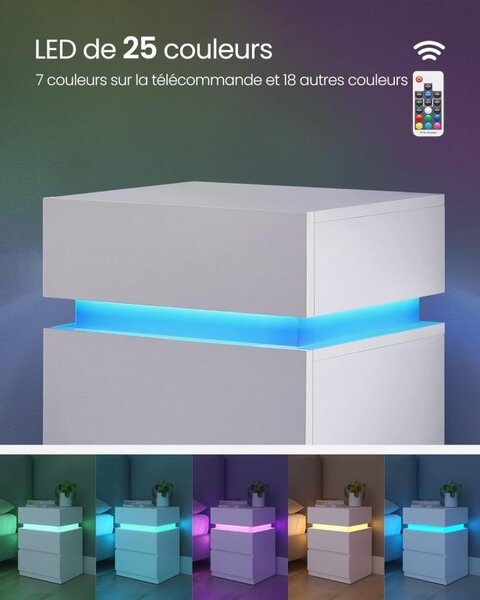 Noční stolek s LED osvětlením, 3 zásuvky, bílý