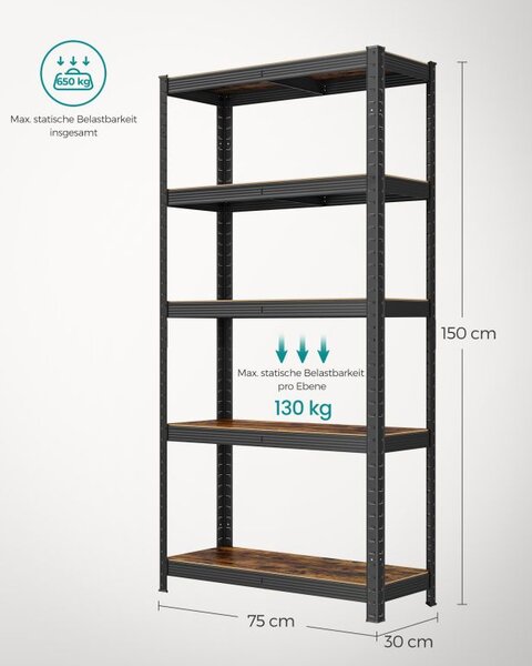 Kovový regál 150×75×30 cm, 650 kg, hnědo-černý
