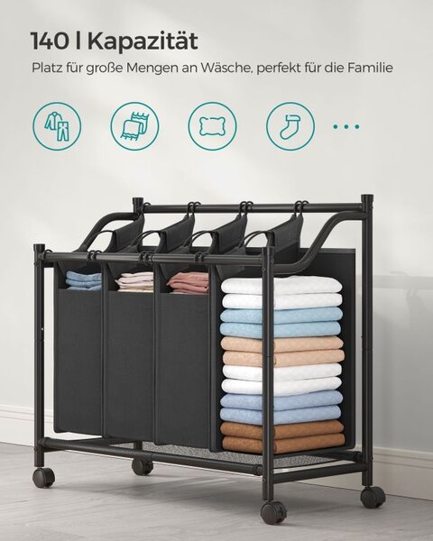 Třídicí koš na prádlo s kolečky 140 l, 4 vaky, černý