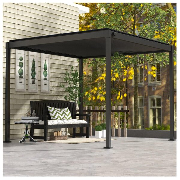 Ocelová bioklimatická pergola Mirador s lamelovou střechou, tloušťka sloupků 8 × 8 cm, 3 × 3 m, antracitová – podobná RAL 7015