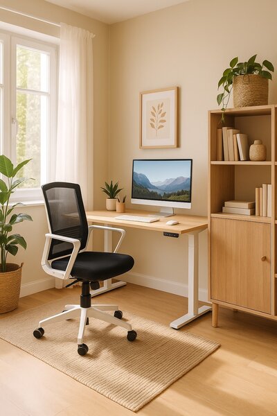 Výškově nastavitelný stůl OfficeTech B, 120 x 80 cm, bílá podnož, dub