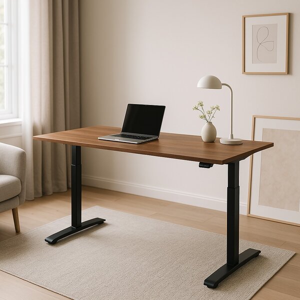 Výškově nastavitelný stůl OfficeTech B, 120 x 80 cm, černá podnož, ořech