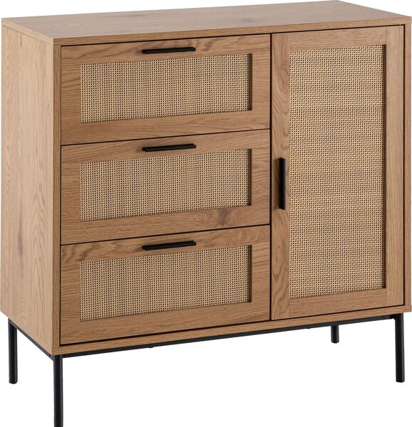 Komoda 80x82x36 cm předsíňová komoda dub Imitace & ratan, příborník se třemi zásuvkami a dvířky, komoda moderní, stojací příborník komoda | Wohnling