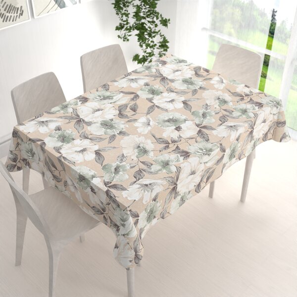 Biante Dekorační obdélníkový ubrus Porto PRT-012 Zeleno-bílé květy na béžovém 50x100 cm