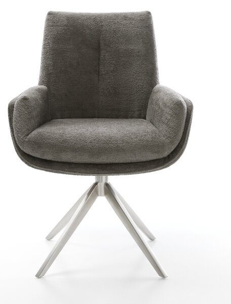 DELIFE Jídelní židle Clea-Flex bouclé měkký tmavě béžová křížová podnož široká nerezová ocel 360° otočný houpací funkce
