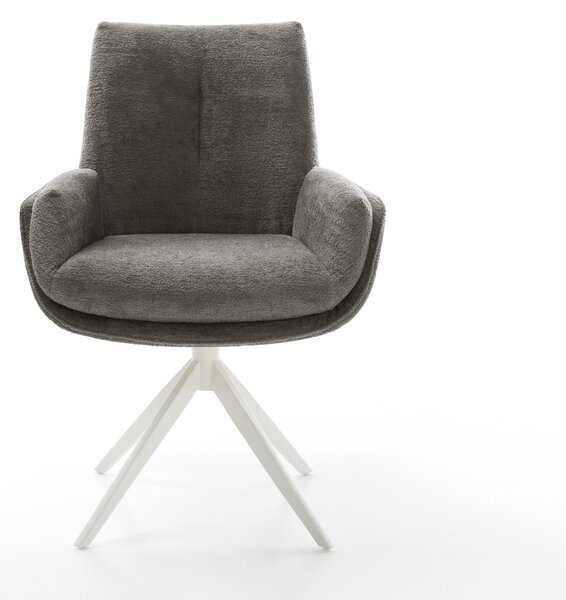 DELIFE Jídelní židle Clea-Flex bouclé měkký tmavě béžová křížová podnož široká bílá 360° otočný houpací funkce