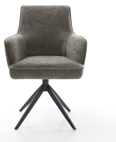 DELIFE Jídelní židle Heira-Flex s područkami bouclé měkký tmavě béžová křížová podnož široká černá 360° otočný houpací funkce taštičkové pružiny