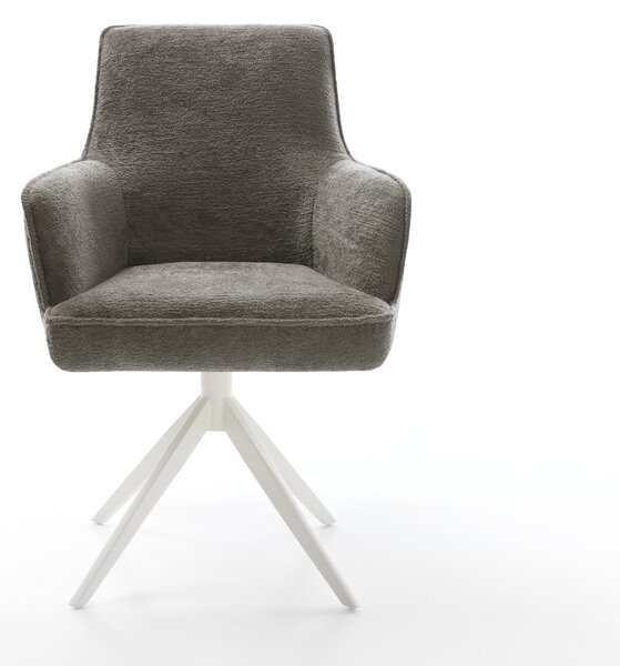 DELIFE Jídelní židle Heira-Flex s područkami bouclé měkký tmavě béžová křížová podnož široká bílá 360° otočná houpací funkce taštičkové pružiny