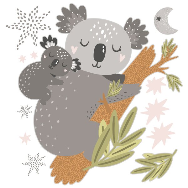 FUGU Dětské samolepky na zeď - Koala máma a mimi Rozměr: Koaly s větví 56 x 62 cm + hvězdy a další objekty