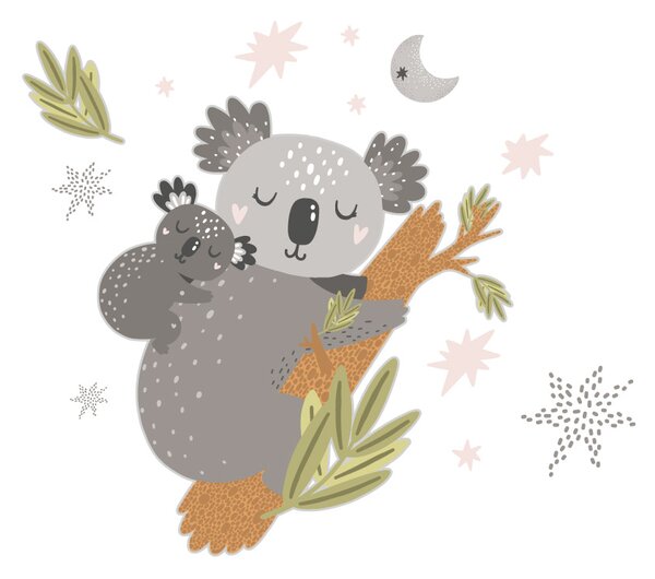 FUGU Dětské samolepky na zeď - Koala máma a mimi Rozměr: Koaly s větví 56 x 62 cm + hvězdy a další objekty