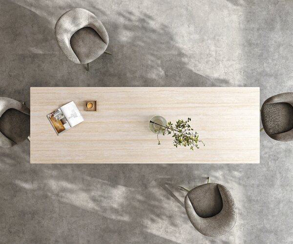 DELIFE Jídelní stůl Edge 300x100 cm keramika Laminam® Travertino Bianco krémově bílá kov šikmý titanová barva