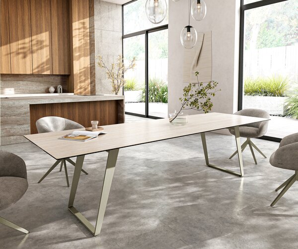 DELIFE Jídelní stůl Edge 300x100 cm keramika Laminam® Travertino Bianco krémově bílá kov šikmý titanová barva