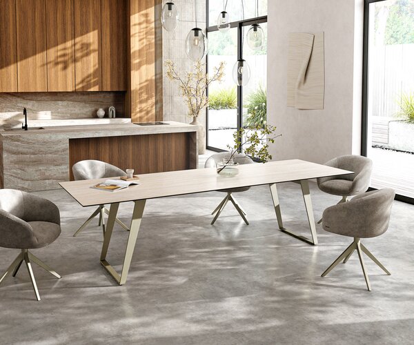 DELIFE Jídelní stůl Edge 300x100 cm keramika Laminam® Travertino Bianco krémově bílá kov šikmý titanová barva