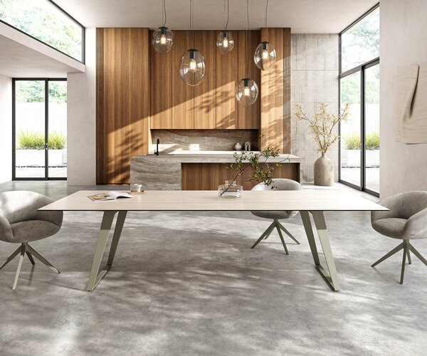 DELIFE Jídelní stůl Edge 300x100 cm keramika Laminam® Travertino Bianco krémově bílá kov šikmý titanová barva