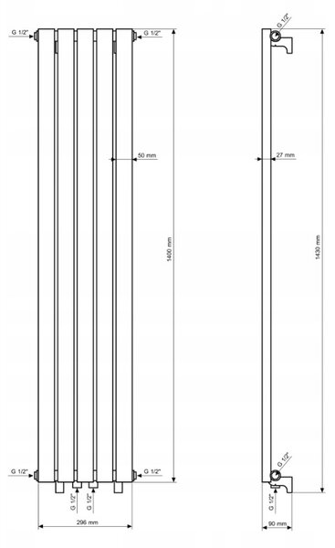 Gamma Verto, topné těleso 296x1400 mm, 505 W, černá matná, GMA-VER-140296-BK