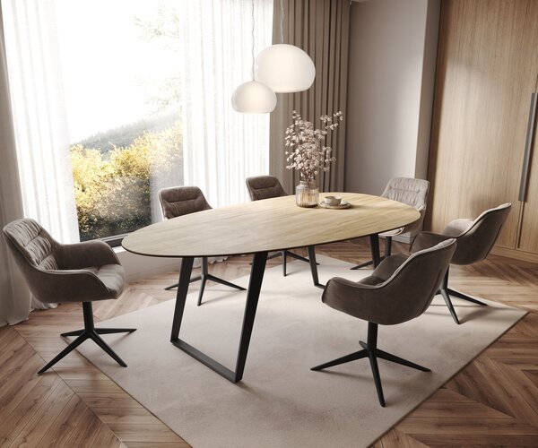 DELIFE Jídelní stůl Edge oválný 220x120 cm keramika Laminam® sabbia dubová barva kov šikmý černý