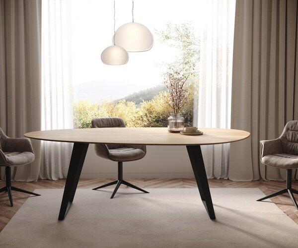 DELIFE Jídelní stůl Edge oválný 220x120 cm keramika Laminam® sabbia dubová barva kov šikmý černý