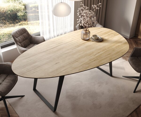 DELIFE Jídelní stůl Edge oválný 220x120 cm keramika Laminam® sabbia dubová barva kov šikmý černý