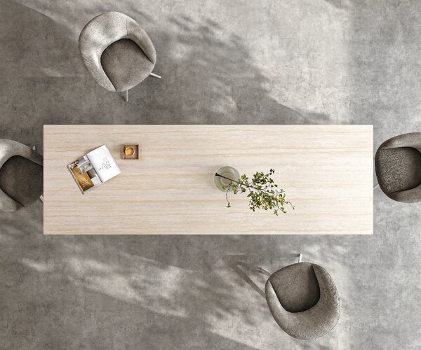 DELIFE Jídelní stůl Edge 300x100 keramika Laminam® Travertino Bianco krémová bílá Spider kov bílá