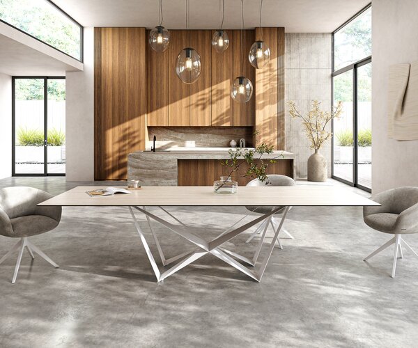 DELIFE Jídelní stůl Edge 300x100 keramika Laminam® Travertino Bianco krémová bílá Spider kov bílá