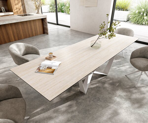 DELIFE Jídelní stůl Edge 300x100 keramika Laminam® Travertino Bianco krémová bílá Spider kov bílá