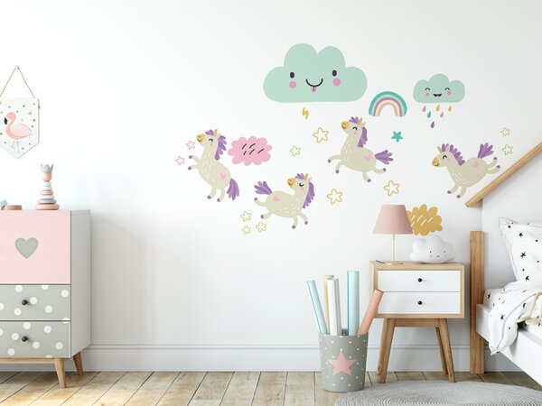 FUGU Samolepky na zeď Unicorns - eko přemístitelné Rozměr: Baby unicorns S:Mrak 28x16, Mráček+kapky 15x16, obláčky 12x9, duha 11x7 unicorni cca 18x18 (cm)