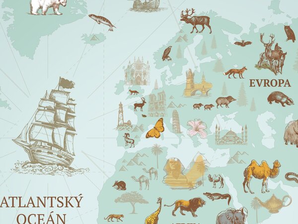 FUGU Mapa světa Dobrodružné objevy - tapeta na zeď Materiál: Digitální eko vlies - klasická tapeta nesamolepicí