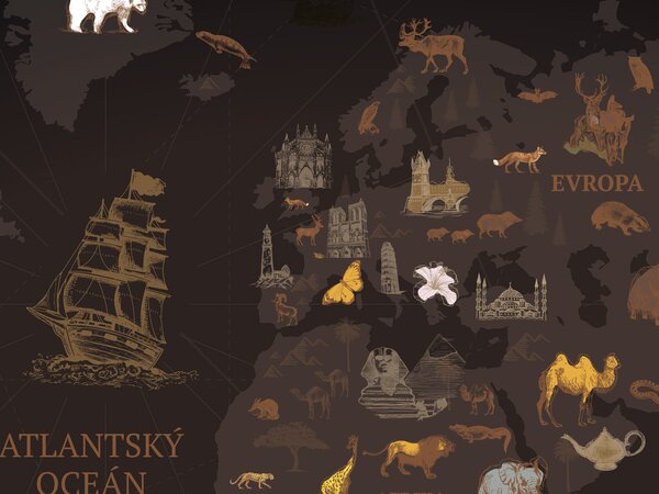 FUGU Mapa světa Dobrodružné objevy - tapeta na zeď Materiál: Digitální eko vlies - klasická tapeta nesamolepicí