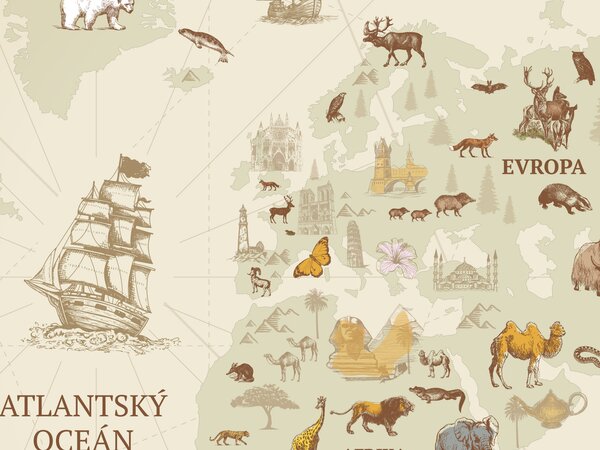 FUGU Dětská Mapa světa Dobrodružné objevy - plakát béžová tmavá Rozměr: MALÁ: (š x v) 134 x 85 cm - Mapa světa objevy