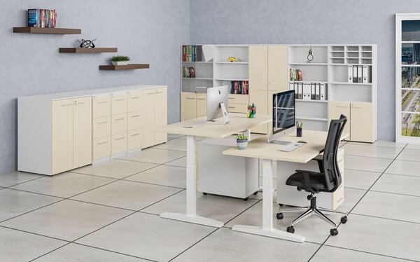 Kancelářská skříň s dveřmi PRIMO WHITE, 800 x 420 x 2128 mm, bílá/bříza