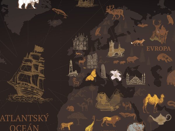 FUGU Dětská Mapa světa Dobrodružné objevy - plakát tmavá Rozměr: MALÁ: (š x v) 134 x 85 cm - Mapa světa objevy