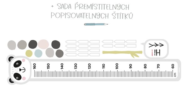 FUGU Dětský metr Panda + popisovatelné štítky - přemístitelná samolepka