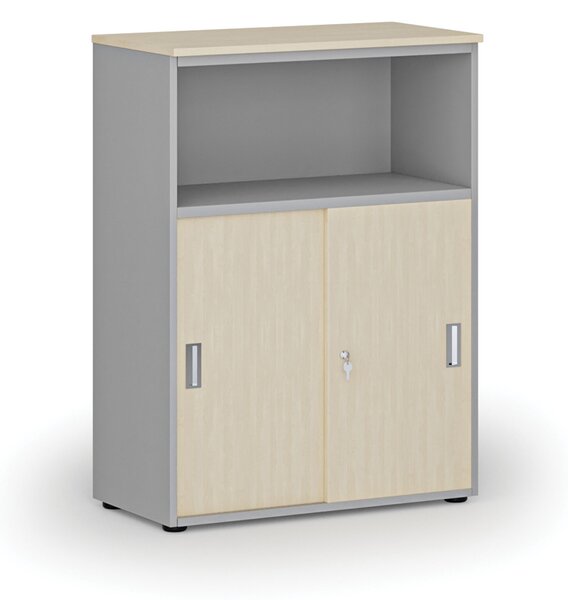 Kombinovaná kancelářská skříň se zásuvnými dveřmi PRIMO GRAY, 800 x 420 x 1087 mm, šedá/bříza