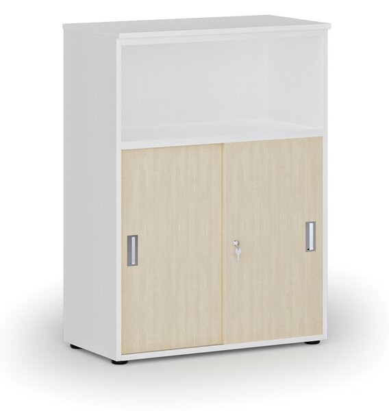 Kombinovaná kancelářská skříň se zásuvnými dveřmi PRIMO WHITE, 800 x 420 x 1087 mm, bílá/bříza