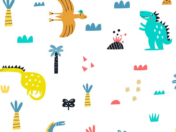 FUGU Tapeta pro děti scandi - Dinosauři Materiál: Digitální eko vlies - klasická tapeta nesamolepicí