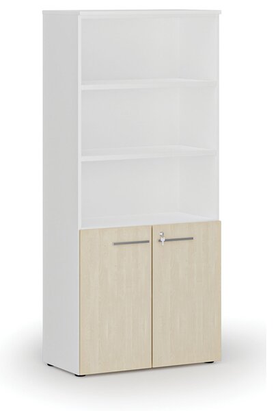 Kombinovaná kancelářská skříň PRIMO WHITE, dveře na 2 patra, 800 x 420 x 1781 mm, bílá/bříza