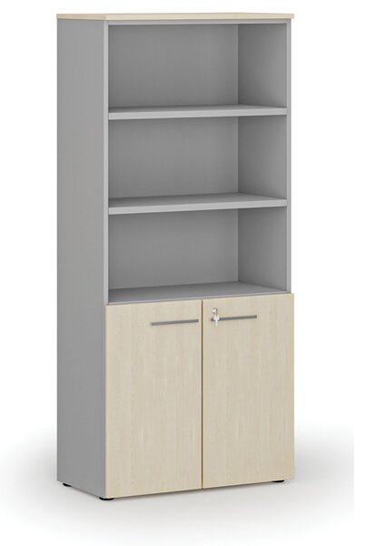 Kombinovaná kancelářská skříň PRIMO GRAY, dveře na 2 patra, 800 x 420 x 1781 mm, šedá/bříza